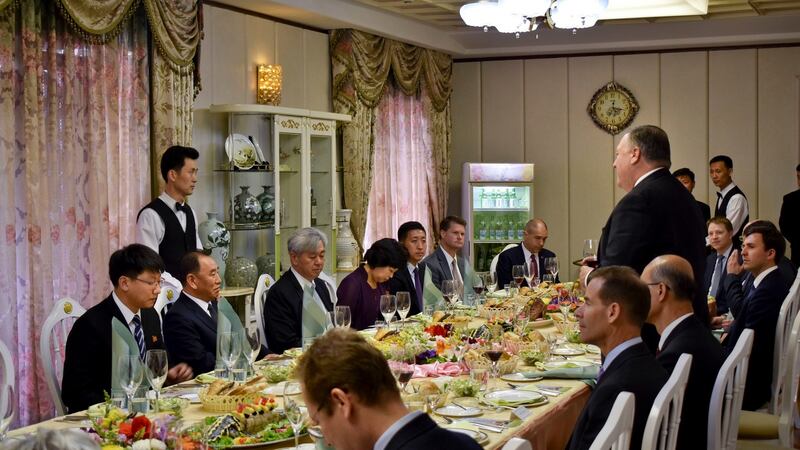 US secretary of state Mike Pompeo (right), stands while speaking during a dinner between North Korean dignitaries and US diplomats in Pyonyang, North Korea, this week. Photograph: Matthew Lee/AP Photo