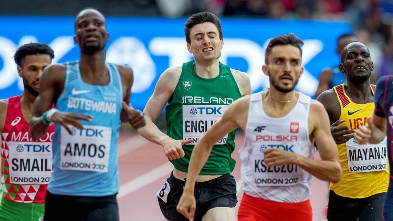 Ireland’s Mark English comes home fifth in his heat of the 800m at the World Athletics Championships in London. Photograph: Morgan Treacy/Inpho