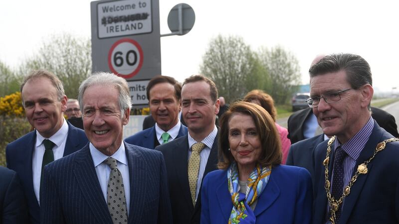 US House Speaker Nancy Pelosi and Ways and Means Committee Chairman Richard Neal with Mayor of Derry City John Boyle during their visit to the Border in April 2019. Photograph: Clodagh Kilcoyne/Reuters.
