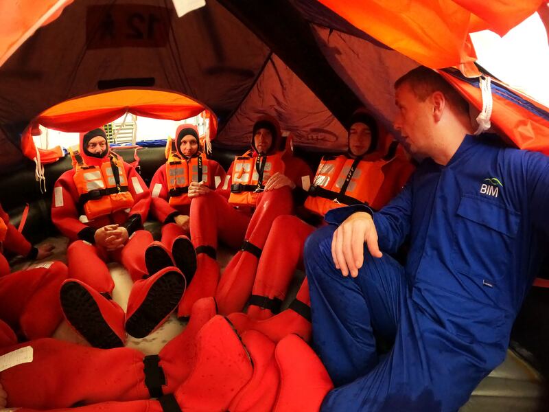 Larry Kealey (right), safety instructor, teaches the Sea Survival Techniques course at the BIM National Fisheries College at Greencastle, Co Donegal. Photograph: Alan Betson