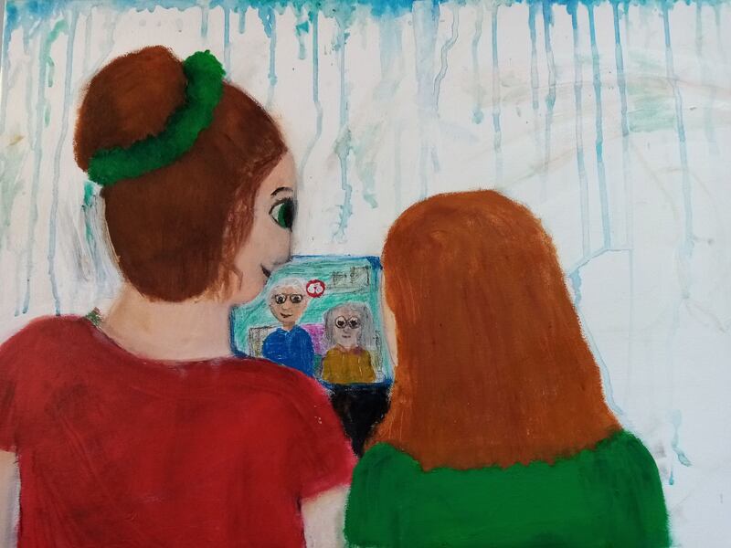 Ava Power Martin, aged 12.
'This picture shows me and my sister video chatting our granny and grandad as we can't see them in real life during these unfortunate times. I painted this as I think it is a good representation of how I'm communicating with family.'