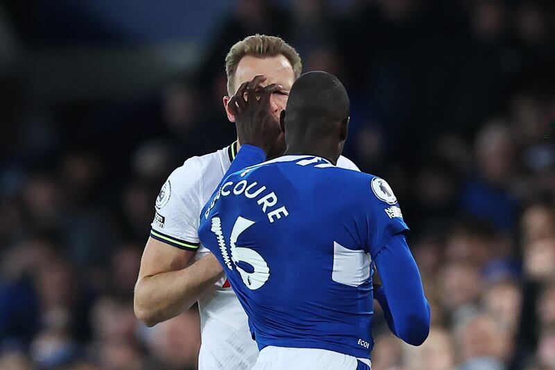 Everton's Abdoulaye Doucouré pushes Harry Kane's face during the 1-1 draw at Goodison Park. Photograph: Alex Livesey/Getty Images