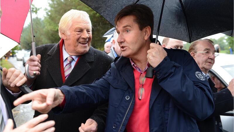Big Tom and Daniel O Donnell at the funeral of Irish country sing Larry Cunningham in 2012. Photograph: Dara Mac Dónaill