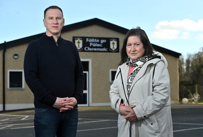 Dónal McAnallen and his mother Bridget at Páirc Chormaic in Eglish. Photograph: Oliver McVeigh for The Irish Times