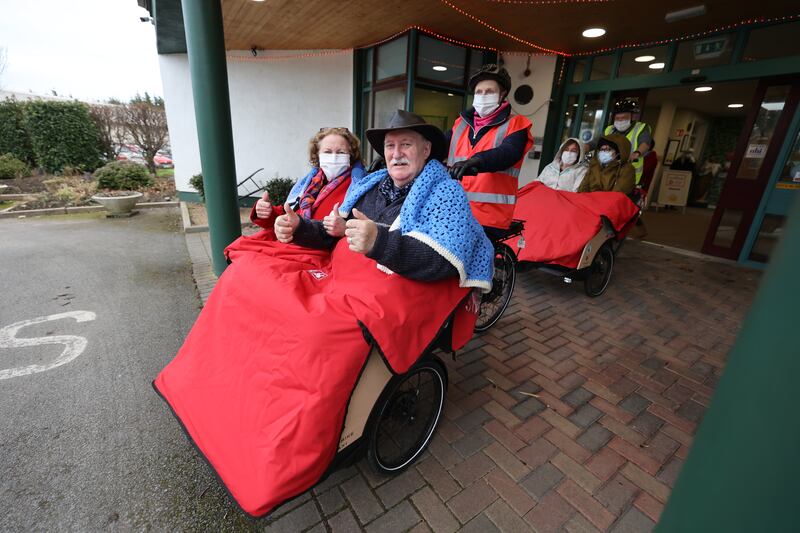 Husband and wife Doreen and Gerry Messitt, with driver Clare Clarke, at St Joseph's, Crinken Lane, Shankill.  Photograph: Nick Bradshaw