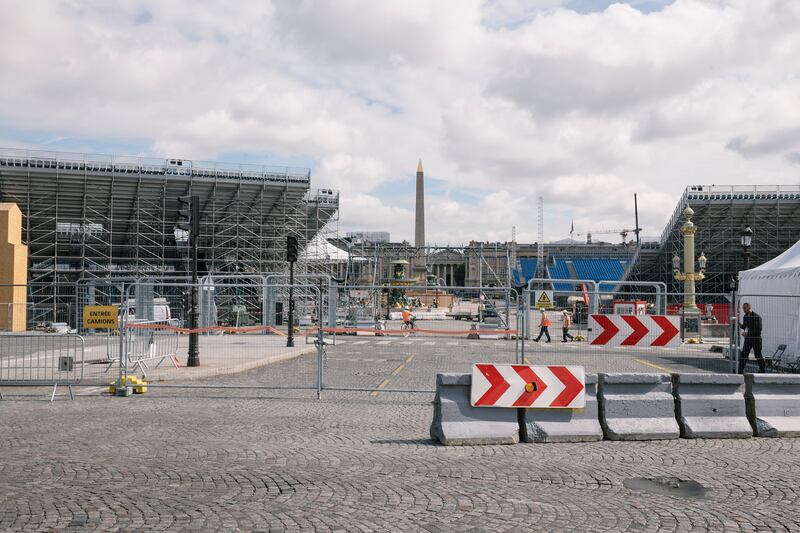 Stage construction at Place de la Concorde, along the route of the Olympic’s opening ceremony. Photograph: Dmitry Kostyukov/The New York Times
                      