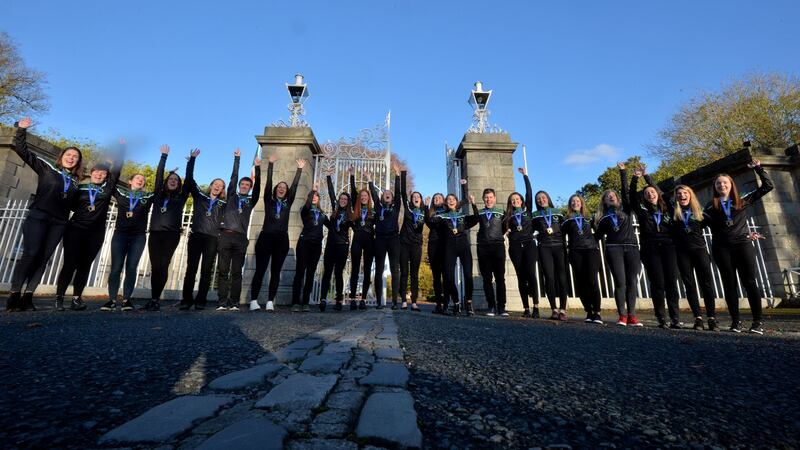 Irish Women’s Ultimate Frisbee European Championship winners assemble before going in to meet President Higgins at Áras an Uachtaráin. Photograph: Alan Betson / The Irish Times
