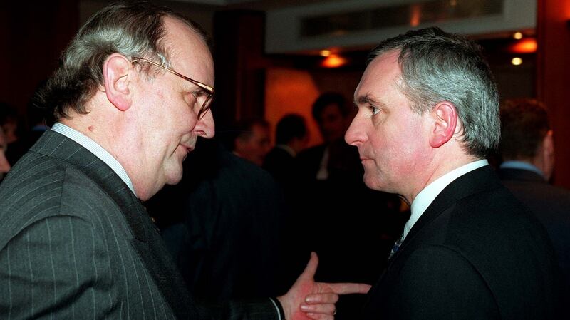 Fianna Fail   leader Bertie Ahern (right) talks to PJMara   at a party dinner at  the Burlington in 1996. Photograph: The Irish Times