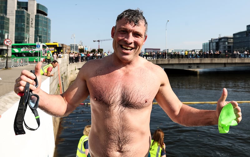 Liffey Swim men’s winner Paul Mulvehill after the race. Photograph: Ben Brady/Inpho