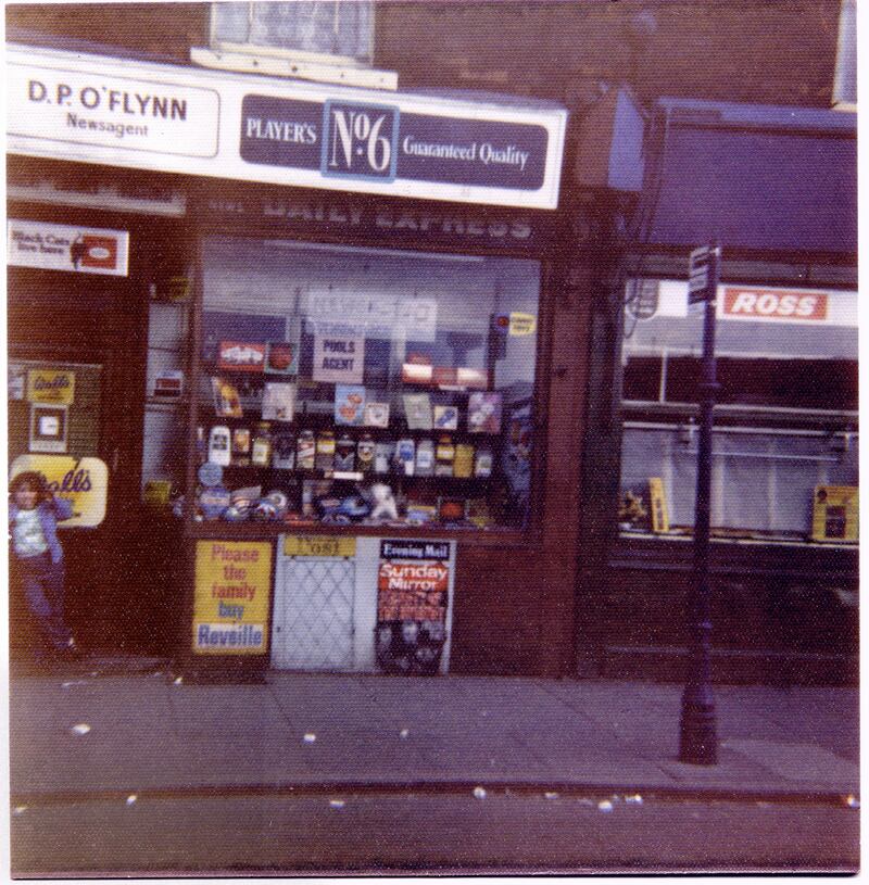 Catherine O’Flynn outside her father’s shop in Birmingham
