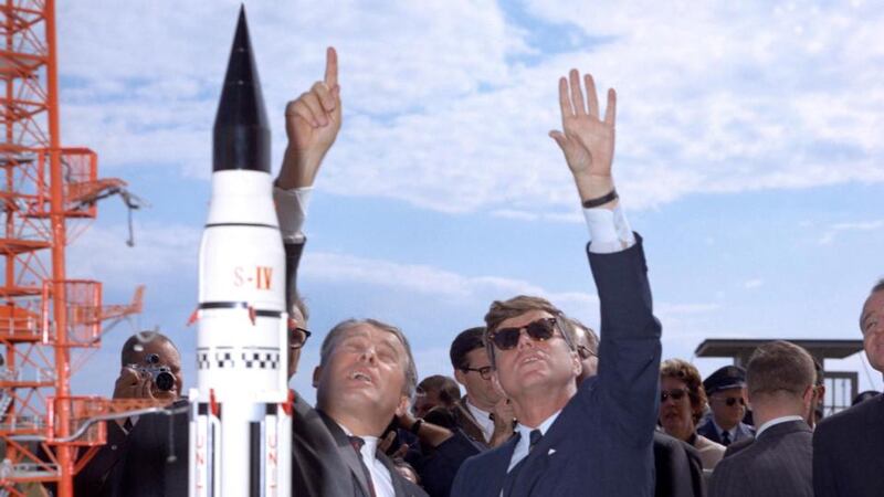 Wernher von Braun with JFK at Cape Canaveral. “Chabon puts it best: the ascent to the moon had been made on a ladder of bones.” Photograph: NASA/Interim Archives/Getty Images