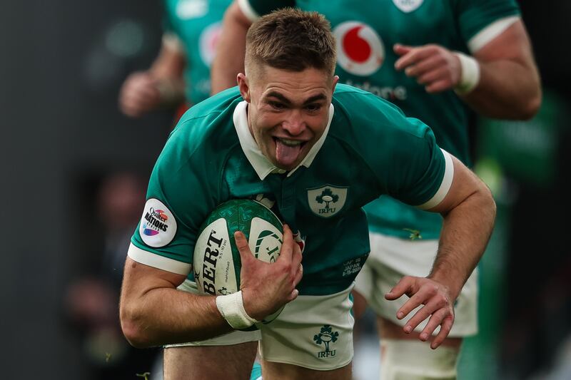 Ireland's Jack Crowley scores his side's first try of the match. Photograph: Gary Carr/Inpho