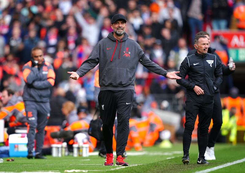 Liverpool manager Jürgen Klopp gestures on the touchline during the Premier League match against Crystal Palace. Photograph: Peter Byrne/PA Wire

