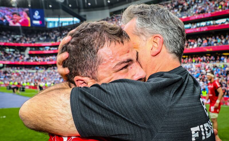 Toulouse head coach Ugo Mola celebrates with Antoine Dupont after the victory over Leinster. Photograph: Billy Stickland/Inpho