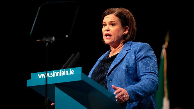 Sinn Féin leader  Mary Lou McDonald delivers her keynote speech on the final day of the 2019 Sinn Féin ardfheis in Derry on Saturday night. Photograph: Paul Faith/AFP via Getty Images.