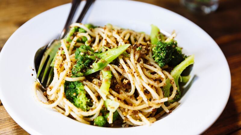 Pasta with crisp breadcrumbs, almonds, chilli and broccoli. Photograph:  Emma Jervis