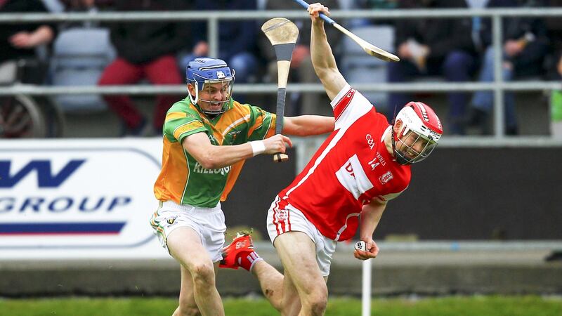 Cuala’s Con O’Callaghan tussels with  Enda Grogan of Kilcormac-Killoughey in the Leinster SHC final at O’Moore Park, Portlaoise, Co.Laois. Photograph: Inpho