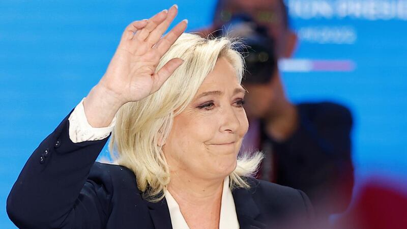 French presidential election candidate for the far-right Rassemblement National party candidate Marine Le Pen delivers a speech after being defeated on Sunday night. Photograph: Ian Langsdon/EPA