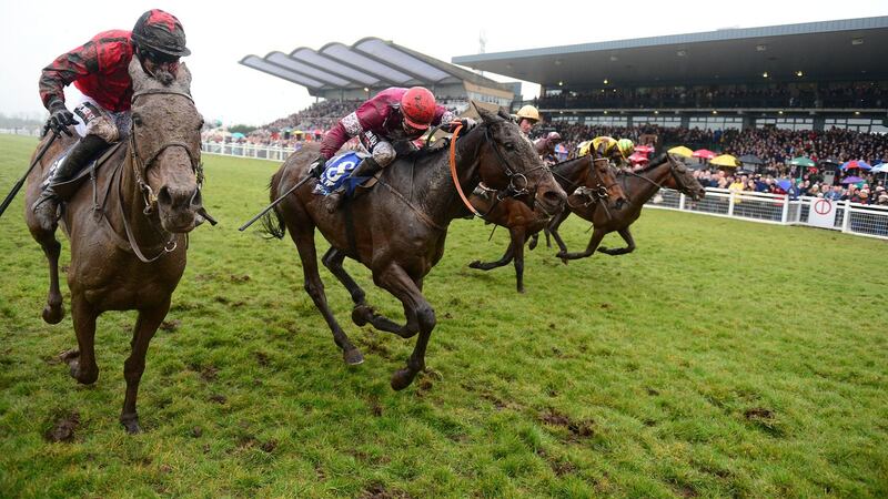 Jockey JJ Slevin on board General Principle (second left) on the way to winning the Boylesports Irish Grand National Chase at Fairyhouse. Photograph: PA Wire