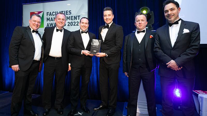 Martin McNally, Head of Smoke Ventilation & Service, Williaam Cox, presents the Innovation in Technology & Systems – Providers Award to the Pro-Tect Design & Technology team.
