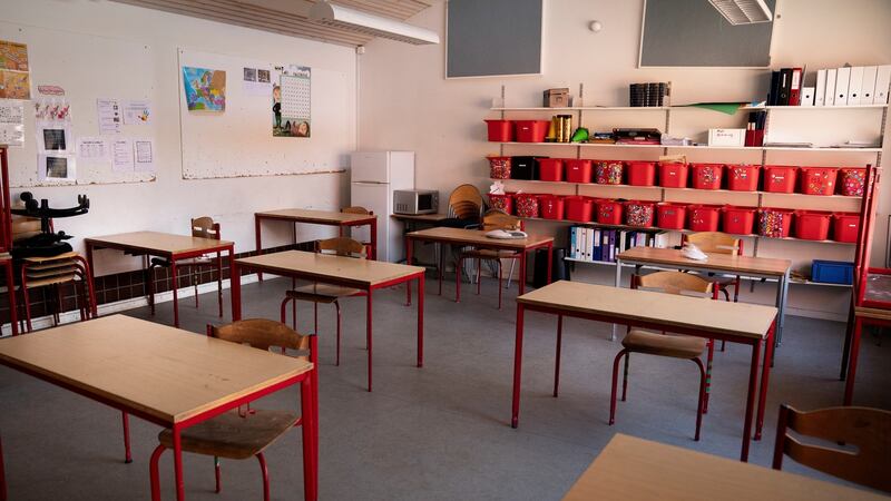 School tables spaced apart  at a school in Gladsaxe, Denmark. Photograph:  EPA