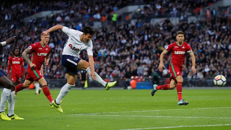 Tottenham’s Son Heung-min shoots at goal. Photograph: Eddie Keogh/Reuters