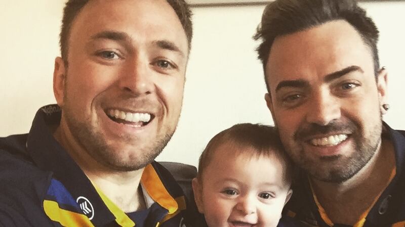 Jay O’Callaghan, Aaron O’Bryan and their son, Jake. On Jake’s Canadian birth certificate, both O’Callaghan and O’Bryan are listed as his parents, but under current Irish family law, neither has any legal rights over their son.