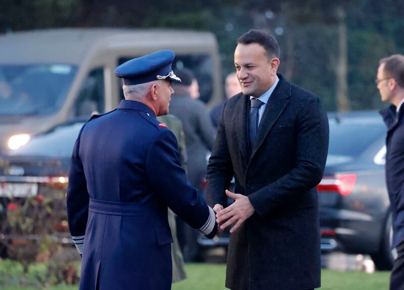 Lieutenant General Seán Clancy greeting Taoiseach Leo Varadkar at the funeral of Pte Seán Rooney. Photograph: Alan Betson