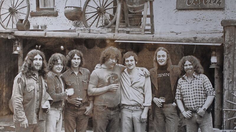 The Furey brothers with Aidan O’Beirne, Arlene Harris’s father, outside the Merriman Tavern