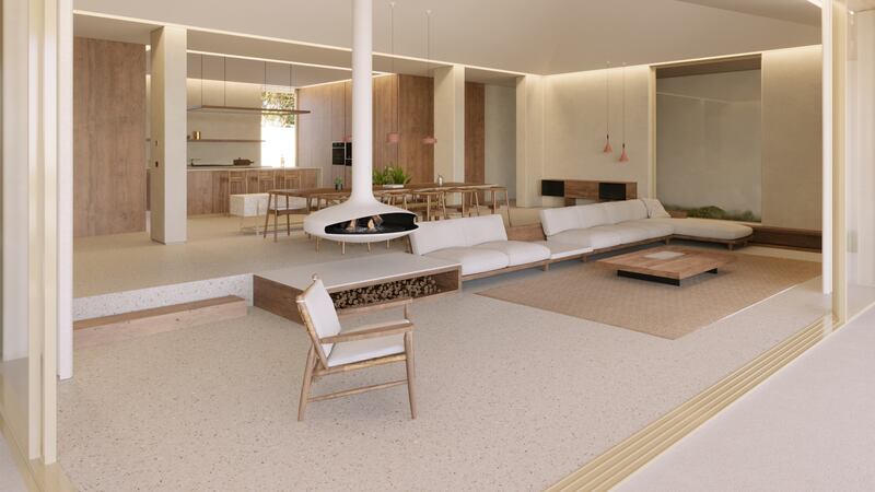 CGI of open-plan living space at Spatia Melides villa