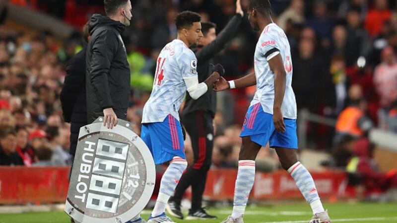 Pogba limps off against Liverpool in what could well be his final United appearance. Photograph: Chris Brunskill/Fantasista/Getty Images
