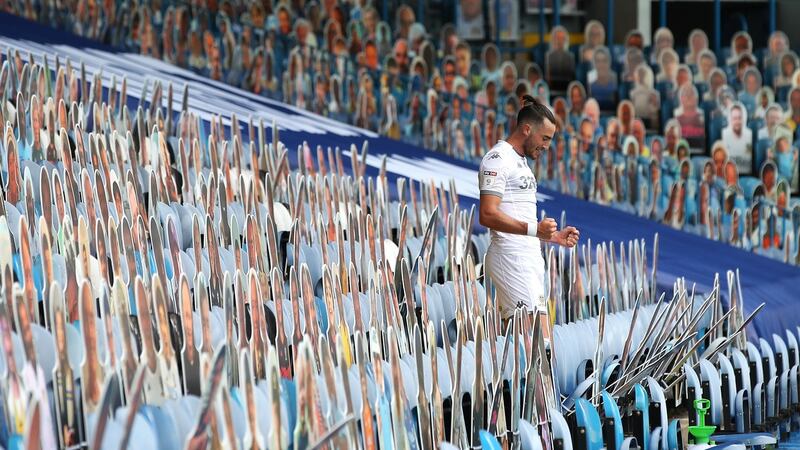Leeds United’s Jack Harrison celebrates after scoring his side’s third against Fulham. Photograph: Martin Rickett/PA