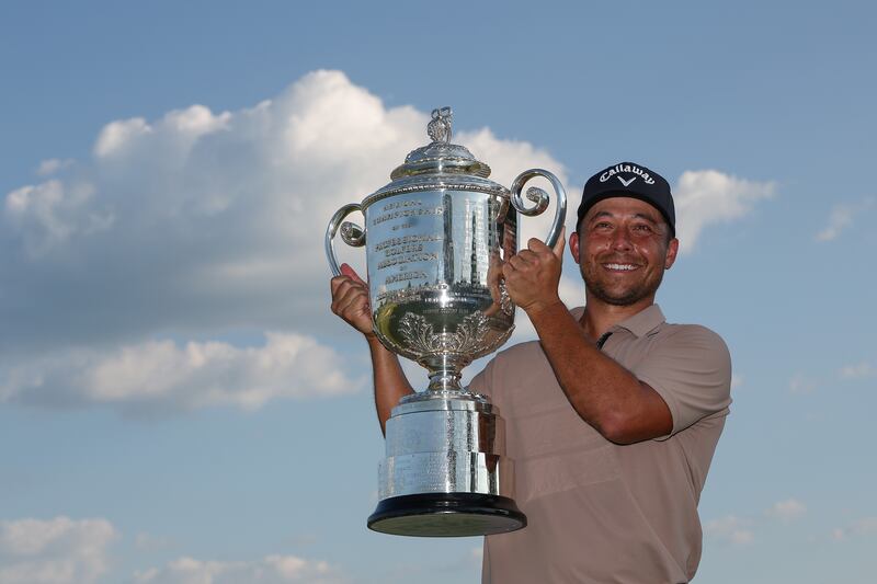 Xander Schauffele poses with the Wanamaker Trophy after winning the PGA Championship at Valhalla Golf Club. Photograph: Christian Petersen/Getty Images