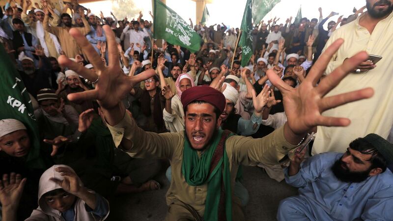 Supporters of Islamic political partyTehreek-e-Labaik  (TLP) protest after the supreme court acquitted Asia Bibi. Photograph: Arshad Arbab/EPA