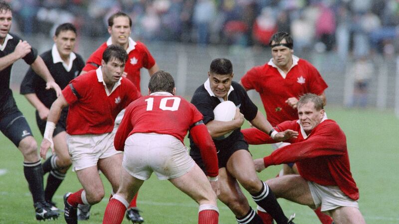 Varaiga Tuigmala carries for the All Blacks against Canada in during the 1991 Rugby World Cup. Photograph:  AFP/Getty