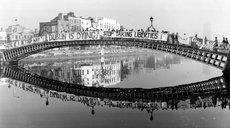 Students from Bolton Street College protest on the Ha'penny Bridge in 1987. Photograph: Peter Thursfield