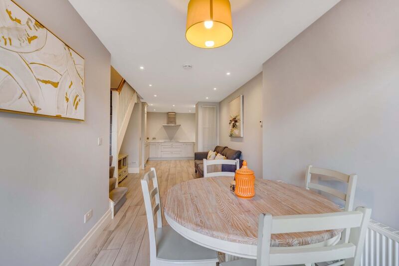 Kitchen, living and dining area on garden level