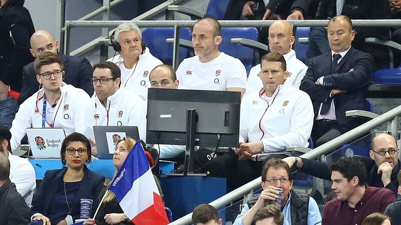 Eddie Jones and his coaching staff watch on as England are beaten 22-16 by France. Photograph: Gareth Fuller/PA