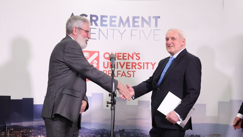 Former Sinn Sinn Féin president Gerry Adams with former taioseach Bertie Ahern. They will be back in Leinster House  to mark the 25th anniversary of the Belfast/Good Friday Agreement. Photograph: Liam McBurney/PA