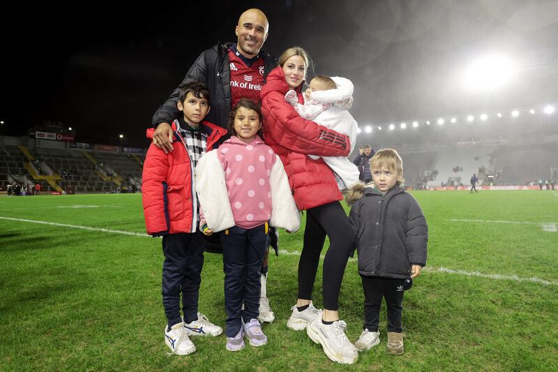 Munster's Simon Zebo with his family after the game against a South Africa Select at Páirc Uí Chaoimh in November 2022. Photograph: Laszlo Geczo/Inpho