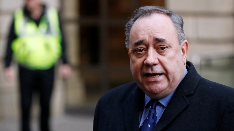 Former first minister of Scotland Alex Salmond gives a statement to the media after his court appearance at the Edinburgh Sheriff Court. Photograph: Russell Cheyne/Reuters