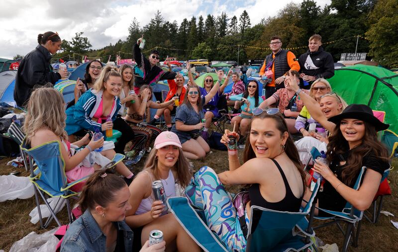 Friends from Athy and Carlow at the Jimmy Hendrix campsite. Photograph: Alan Betson
