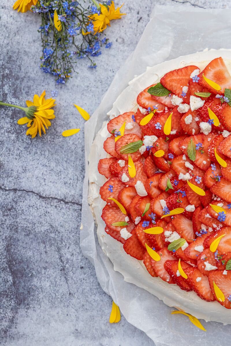 Mark Moriarty's strawberry pavlova with honey cream. Photograph: Harry Weir