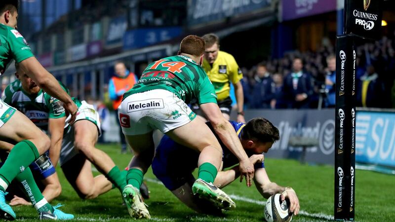 Barry Daly touches down for Leinster’s second try. Photo: James Crombie/Inpho