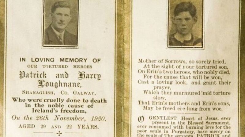 The memoriam cards for the Loughnane brothers from Shanaglish in the parish of Beagh who were abducted and murdered by Auxiliaries in November 1920.