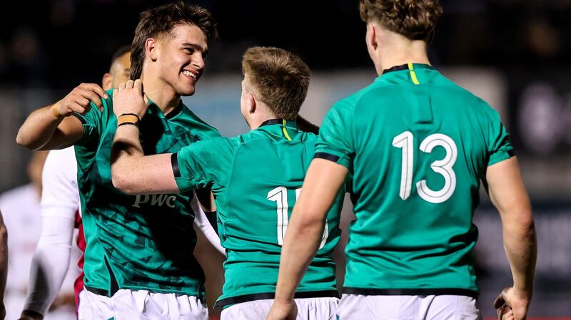 Ireland’s Aitzol King celebrates at the final whistle with Patrick Campbell after the win over England in the  Under-20 Six Nations at  StoneX Stadium in London. Photograph: Ben Brady/Inpho