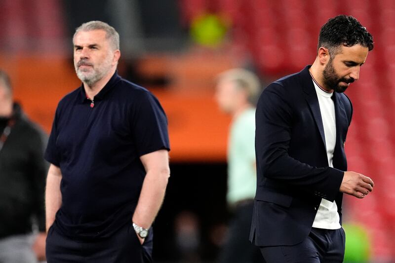 Tottenham Hotspur manager Ange Postecoglou (left) Manchester United manager Ruben Amorim after the Europa League final. Photograph: Nick Potts/PA