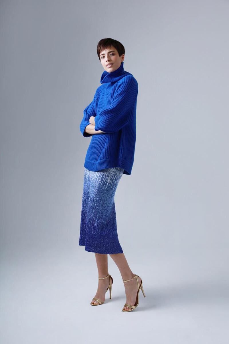 Lily sapphire knit €595 and Chloe sapphire embellished skirt POA, both from Louise Kennedy
