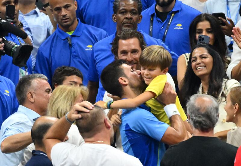 Serbia's Novak Djokovic celebrates with his son Stefan after defeating Russia's Daniil Medvedev. Photograph: Angela Weiss/AFP via Getty Images