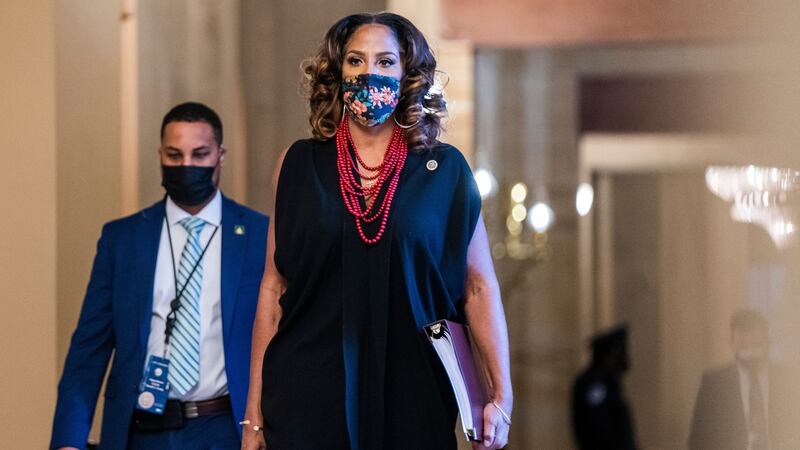 House impeachment manager Stacey Plaskett arrives for the third day of the second impeachment trial against former US president Donald Trump in the US Capitol on Thursday. Photograph: Jim Lo Scalzo/EPA